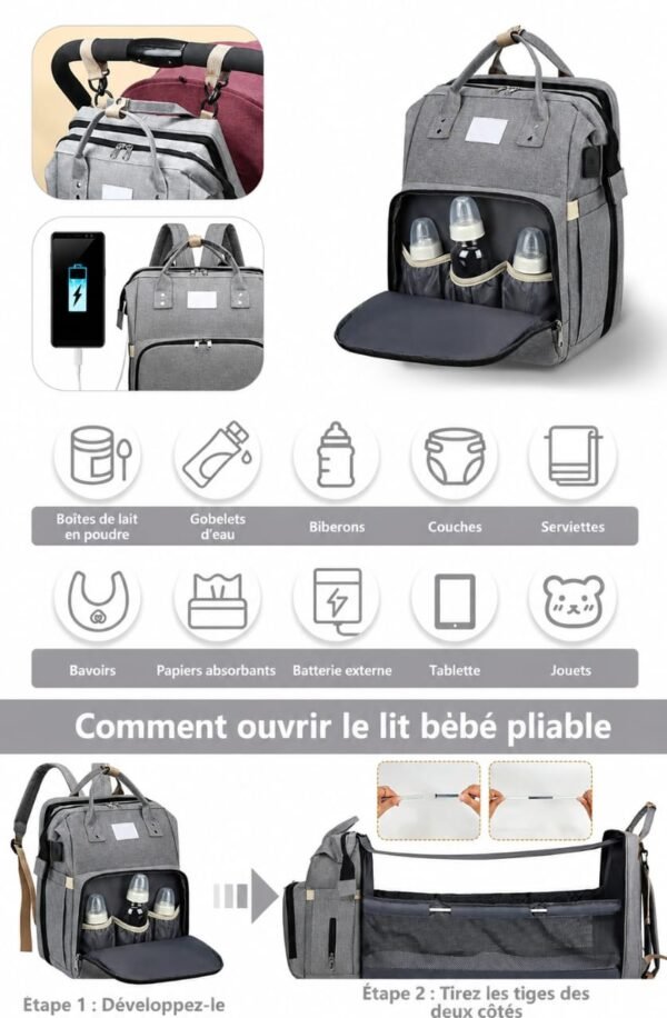 SAC DODO 04 Sac à Dos Multifonction 3-en-1 avec Lit Bébé Intégré et Port USB