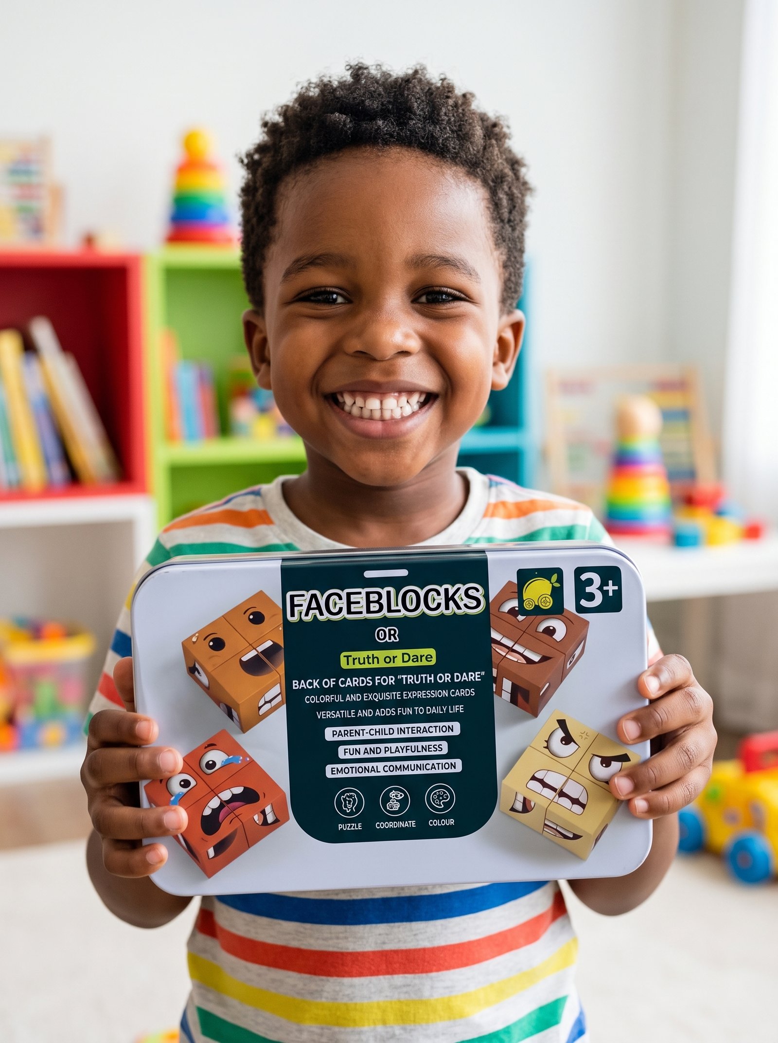 Enfant tenant le jeu Face Blocks