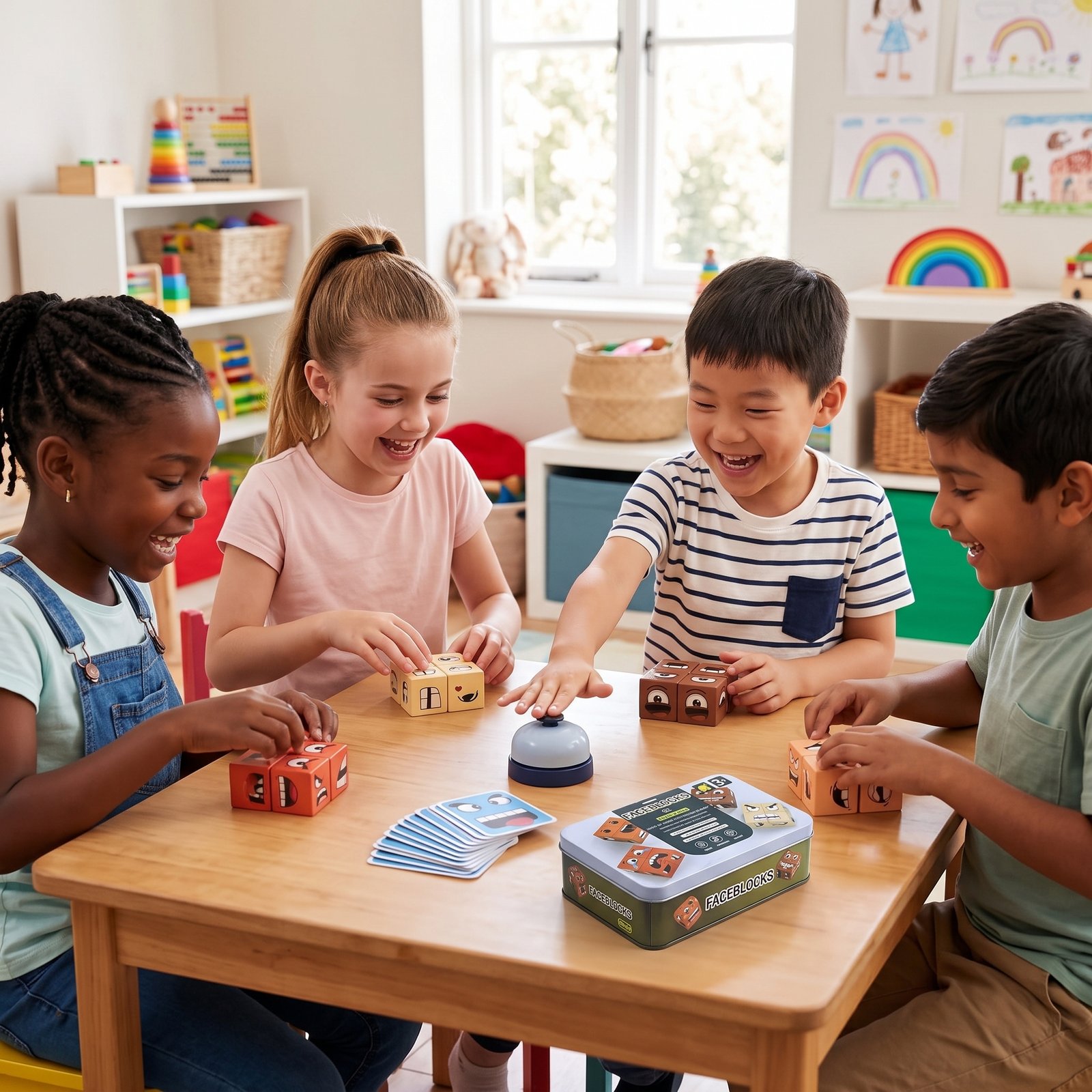 Enfants jouant à Face Blocks autour d'une table